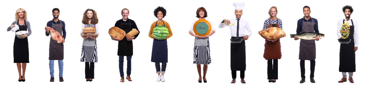 Chefs and cooks holding various kitchen items and food